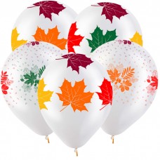Воздушные шары с рисунком "Осенние листья Разноцветные (2 дизайна)", Прозрачный Кристал 5 ст